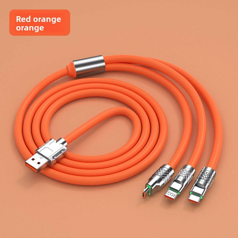 Zn Alloy Fast Cable, High Power Fast Charging: 120W output, Multi-Device Support: One-to-three design with Lightning, Micro USB, and Type-C interfaces, Wide Compatibility, Durable Material: Silicone construction for flexibility and longevity