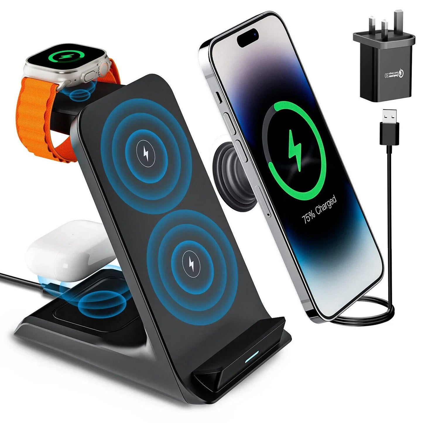 3 in 1 Fast Wireless Charger Stand Station Dock for Apple Iphone Iwatch Samsung