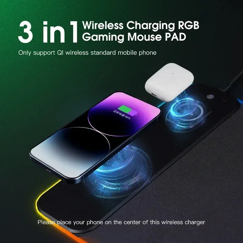 RGB LUMINOUS GAME DESK PAD MAT with MAGNETIC FAST WIRELESS CHARGER for PHONE