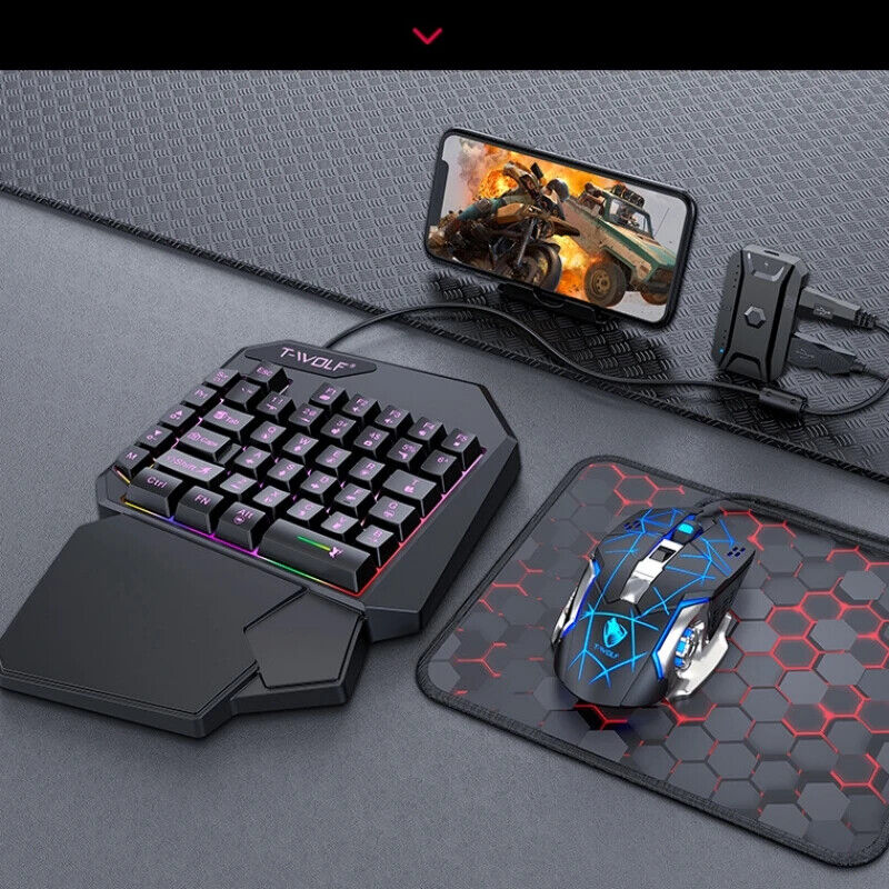 T-Wolf One Handed Gaming Keyboard Mouse Converter Mobile Game Backlight
