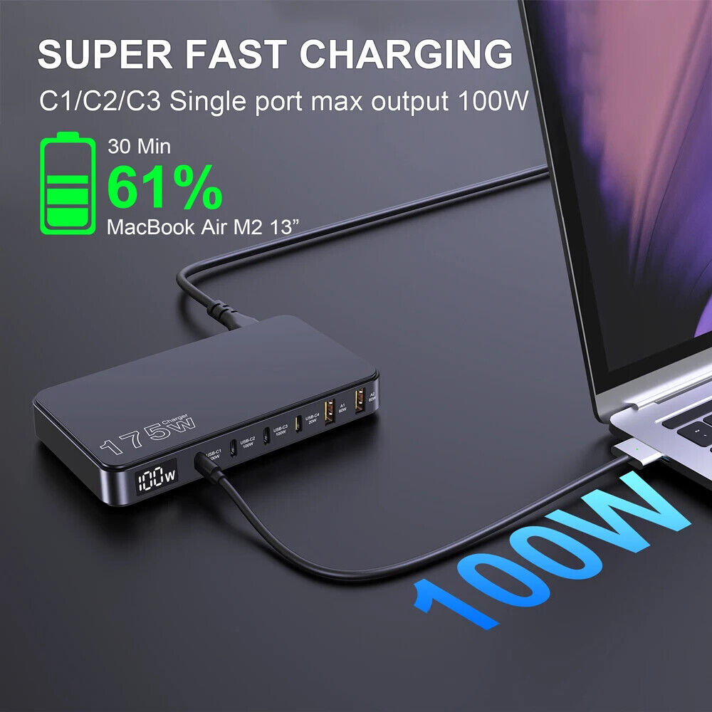 6 USB TYPE C PORT CHARGER 175W LED DISPLAY FAST CHARGING for LAPTOP MOBILE PHONE