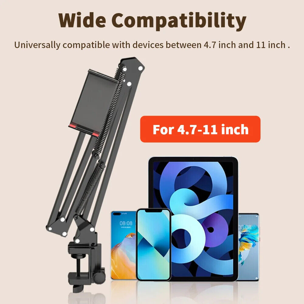 ADJUSTABLE LONG ARM TABLET STAND SMARTPHONE HOLDER DESKTOP ROTATING CLAMP MOUNT
