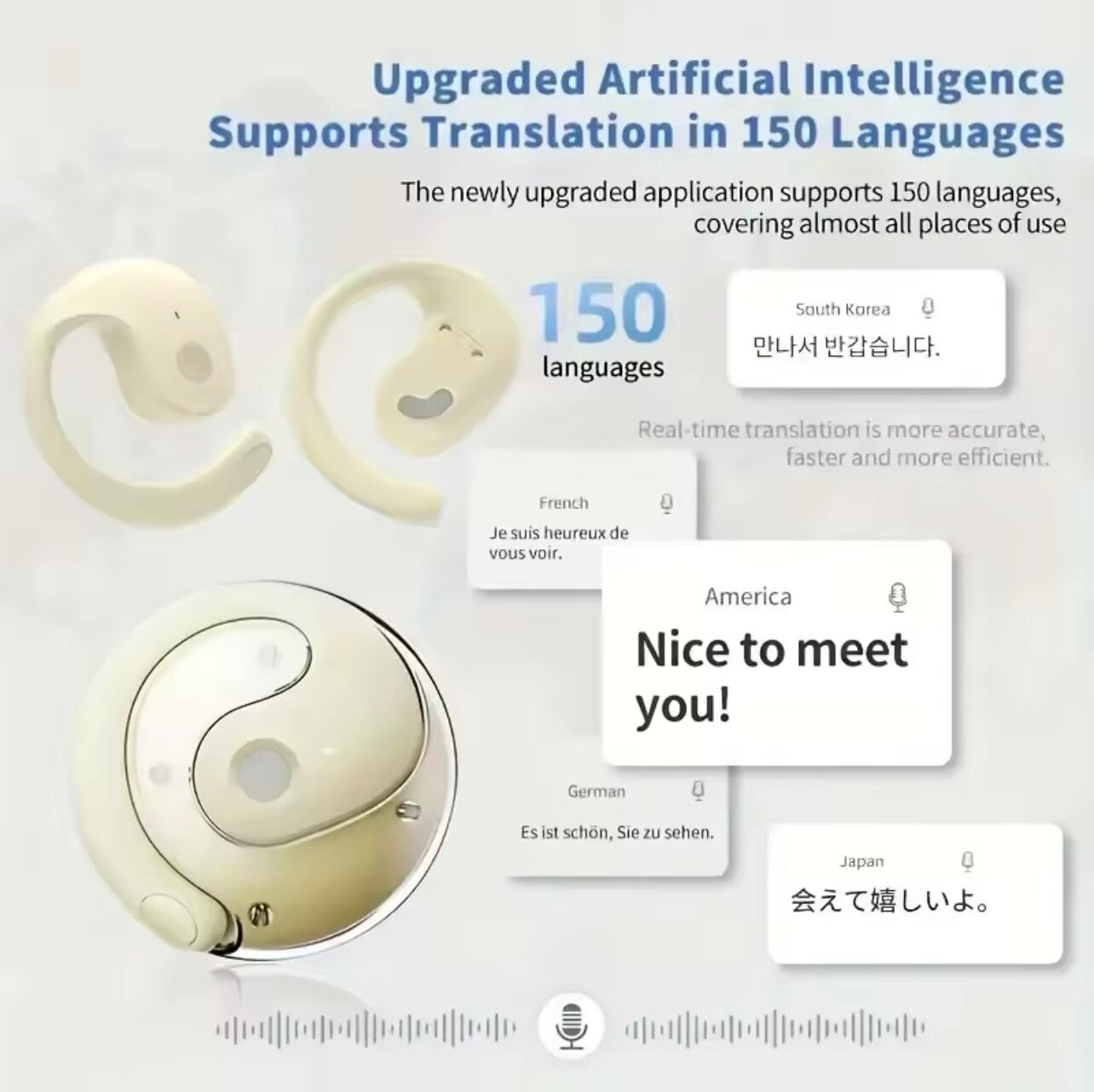 AI Translator Earphones, High-Precision Real-Time Translation 144 languages, AI-Powered Multifunctionality, Superior Audio Quality, All-Day Power – 50mAh earbuds + 250mAh charging case, Durable Build