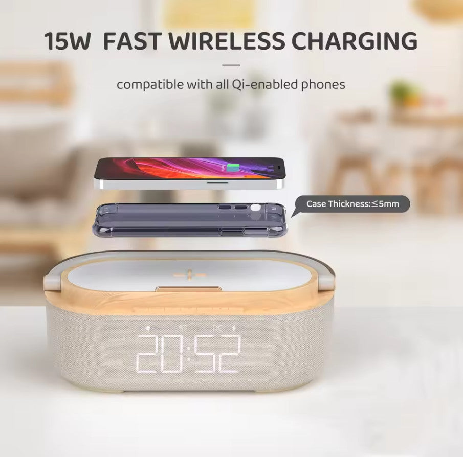 Bluetooth Speaker Clock 15W Wireless Charger Night Light Alarm 1800mAh