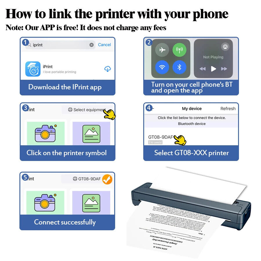 Portable Wireless Lightweight Thermal Printer A4, Inkless Built in Battery