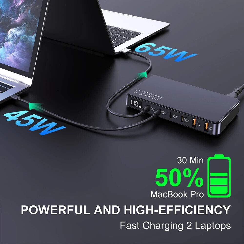 6 USB TYPE C PORT CHARGER 175W LED DISPLAY FAST CHARGING for LAPTOP MOBILE PHONE
