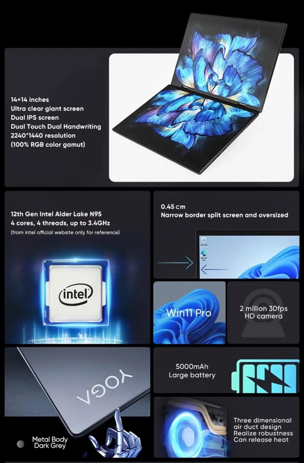 ZeeTec 14" DUAL SCREEN LAPTOP COMPUTER 360 Degrees Flip Intel N95 16GB 512GB SSD