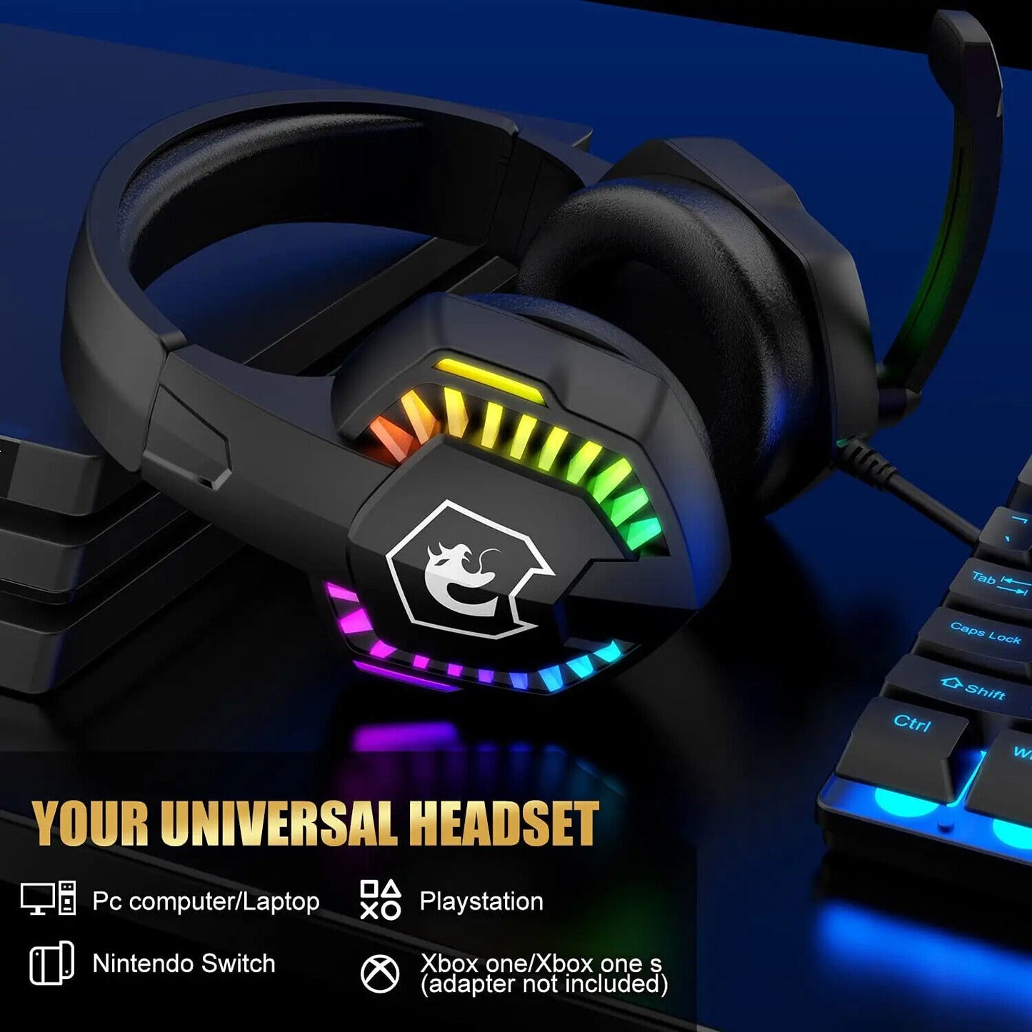 4-in-1 Gaming Combo Bundle Wired Keyboard, Mouse, Headset & Pad, RGB LED Backlit