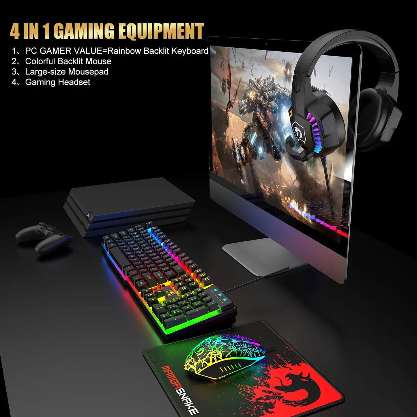 4-in-1 Gaming Combo Bundle Wired Keyboard, Mouse, Headset & Pad, RGB LED Backlit