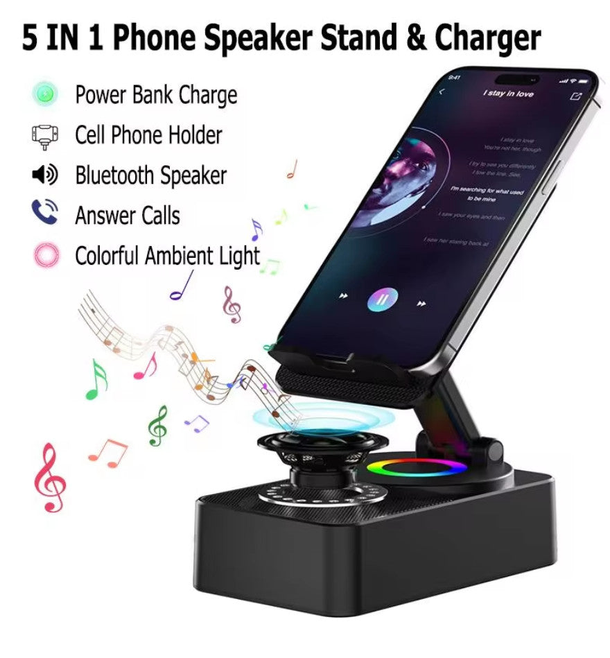 5-in-1 Bluetooth Speaker Phone Holder Power Bank Portable for Travel & Home