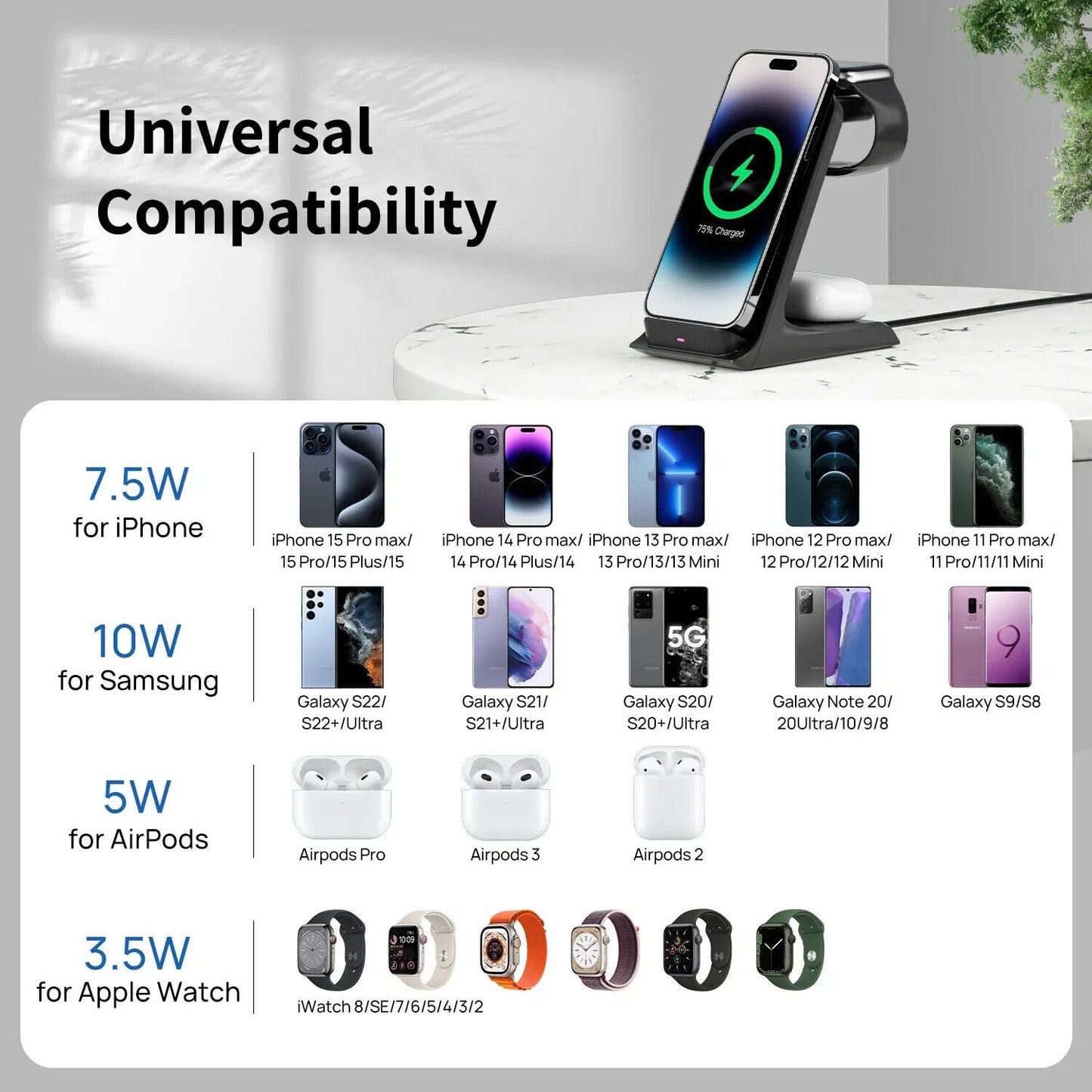 3 in 1 Fast Wireless Charger Stand Station Dock for Apple Iphone Iwatch Samsung
