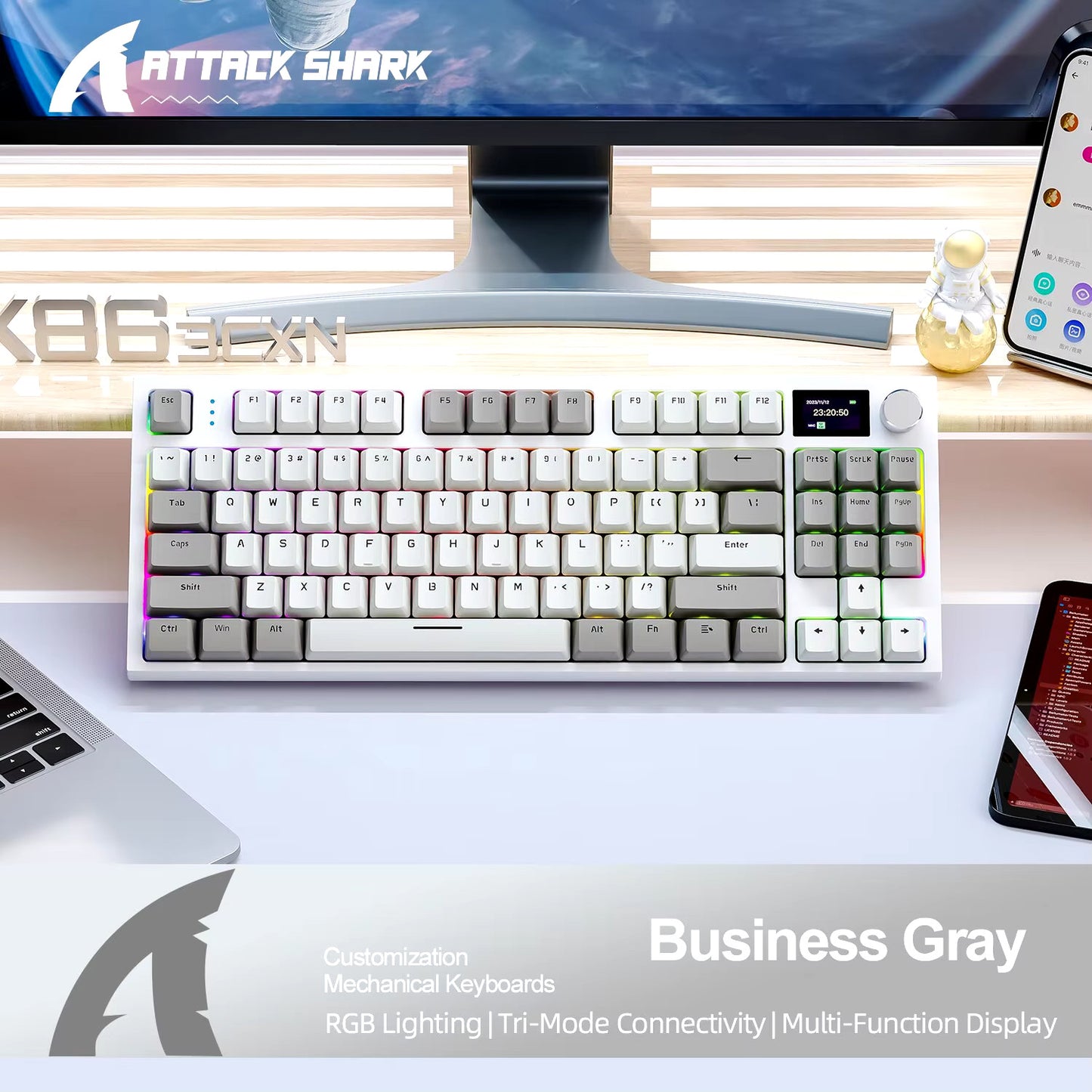 WIRED WIRELESS MECHANICAL KEYBOARD Attack Shark RGB SWAP PBT DISPLAY VOLUME