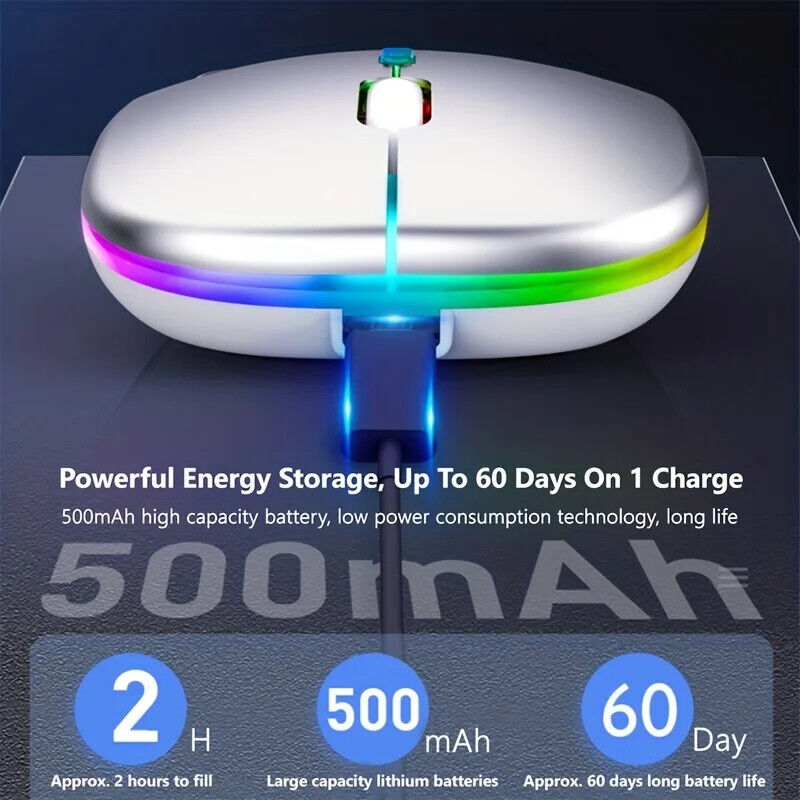 WIRELESS MOUSE RECHARGABLE LED LIGHTS Ergonomic SILENT Click 1600 DPI 4 Buttons