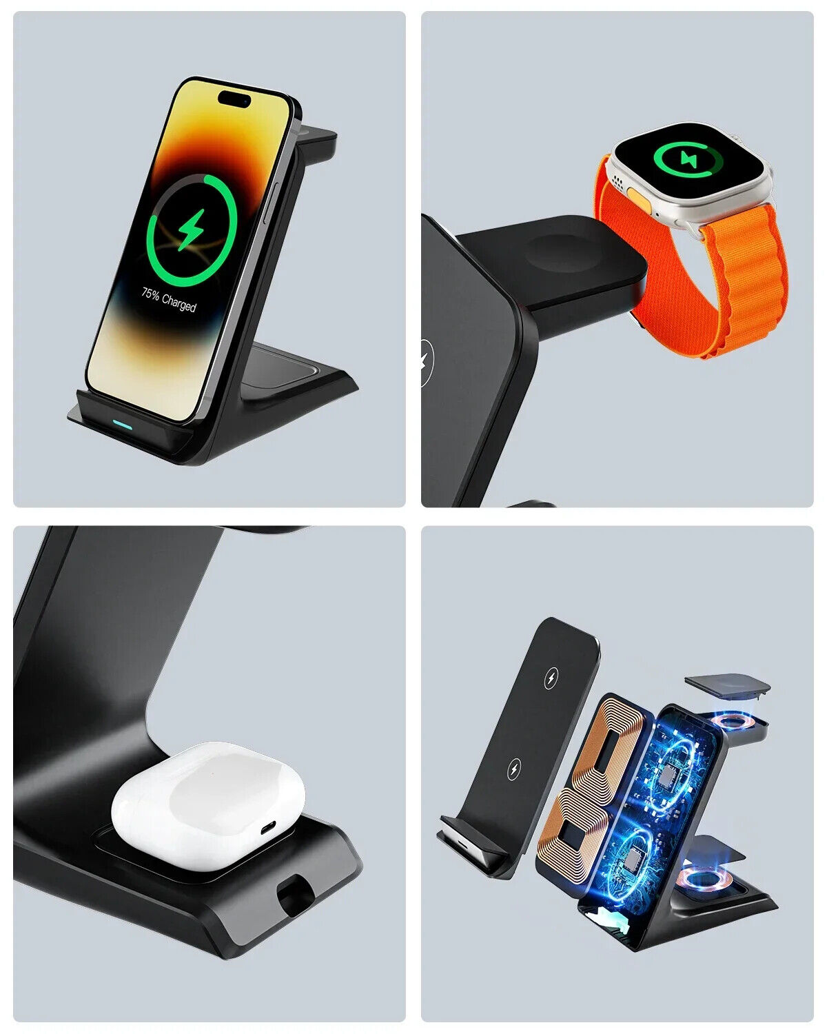 3 in 1 Fast Wireless Charger Stand Station Dock for Apple Iphone Iwatch Samsung