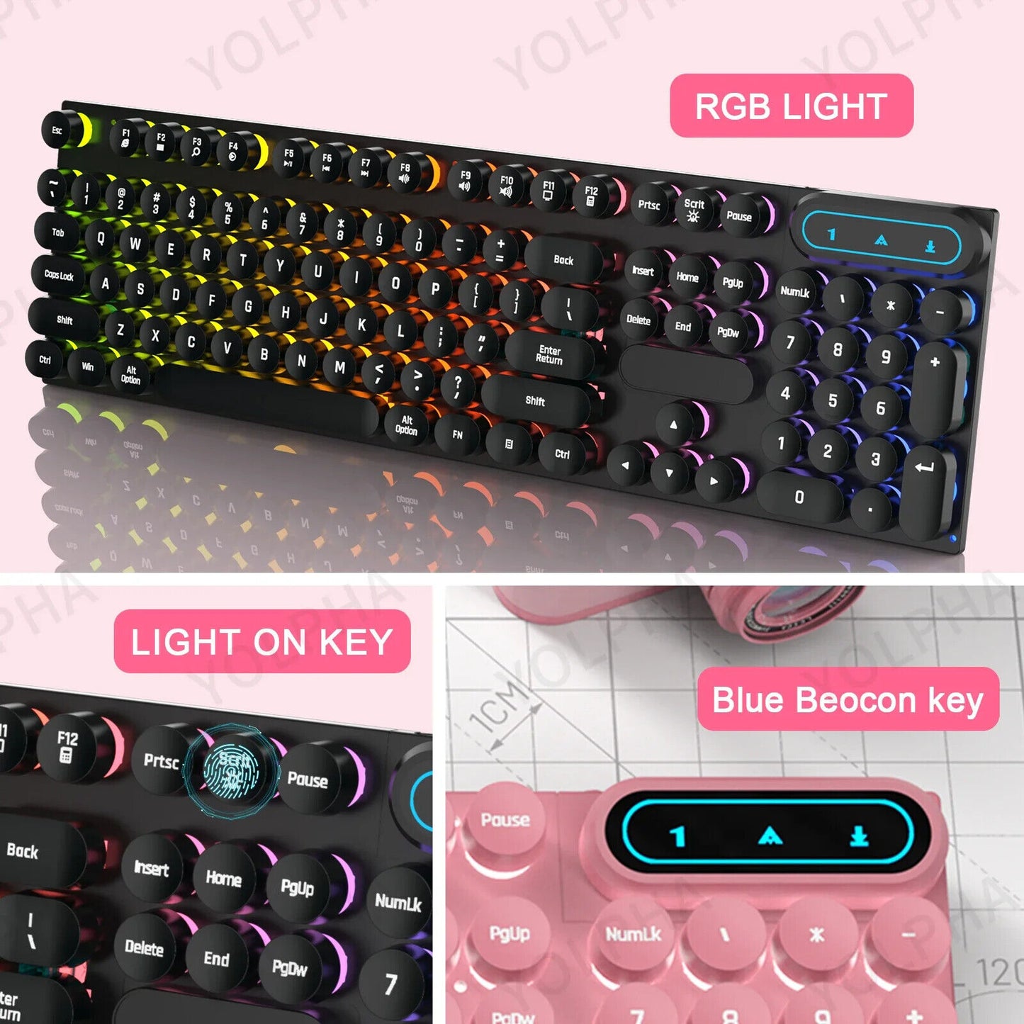 WIRED KEYBOARD 104 Keys RGB BACKLIT GAMING ERGONOMIC Colorful Magical Punk Cap