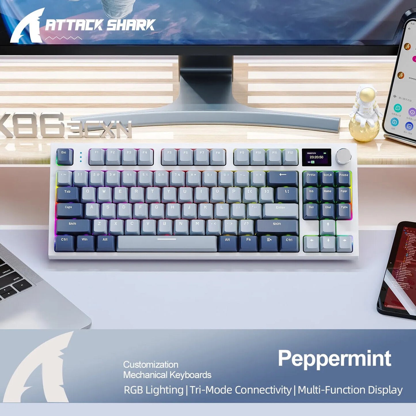 WIRED WIRELESS MECHANICAL KEYBOARD Attack Shark RGB SWAP PBT DISPLAY VOLUME