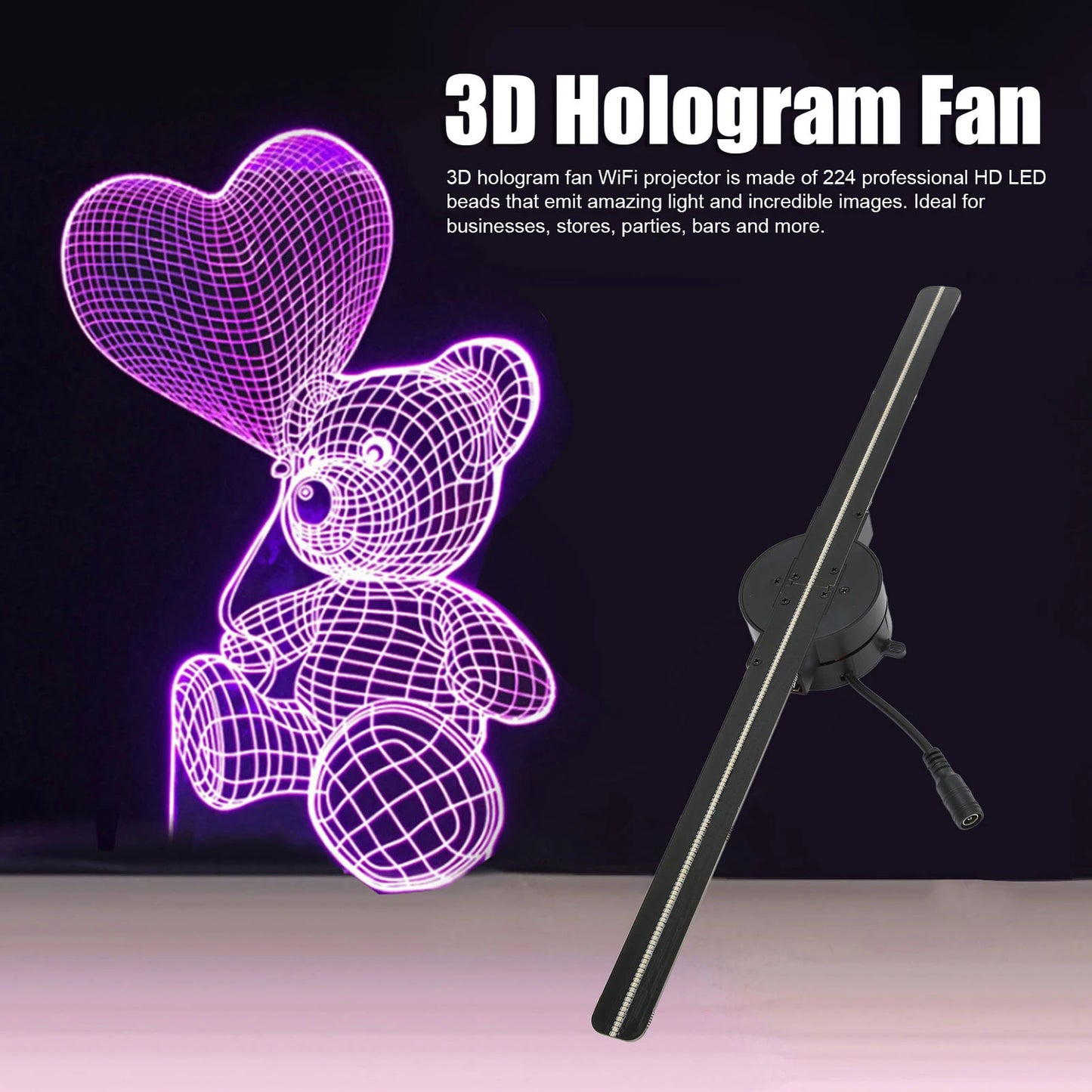 16.5” 3D Hologram Fan Projector – 224 LED Beads, WiFi, Memory Card Support, High