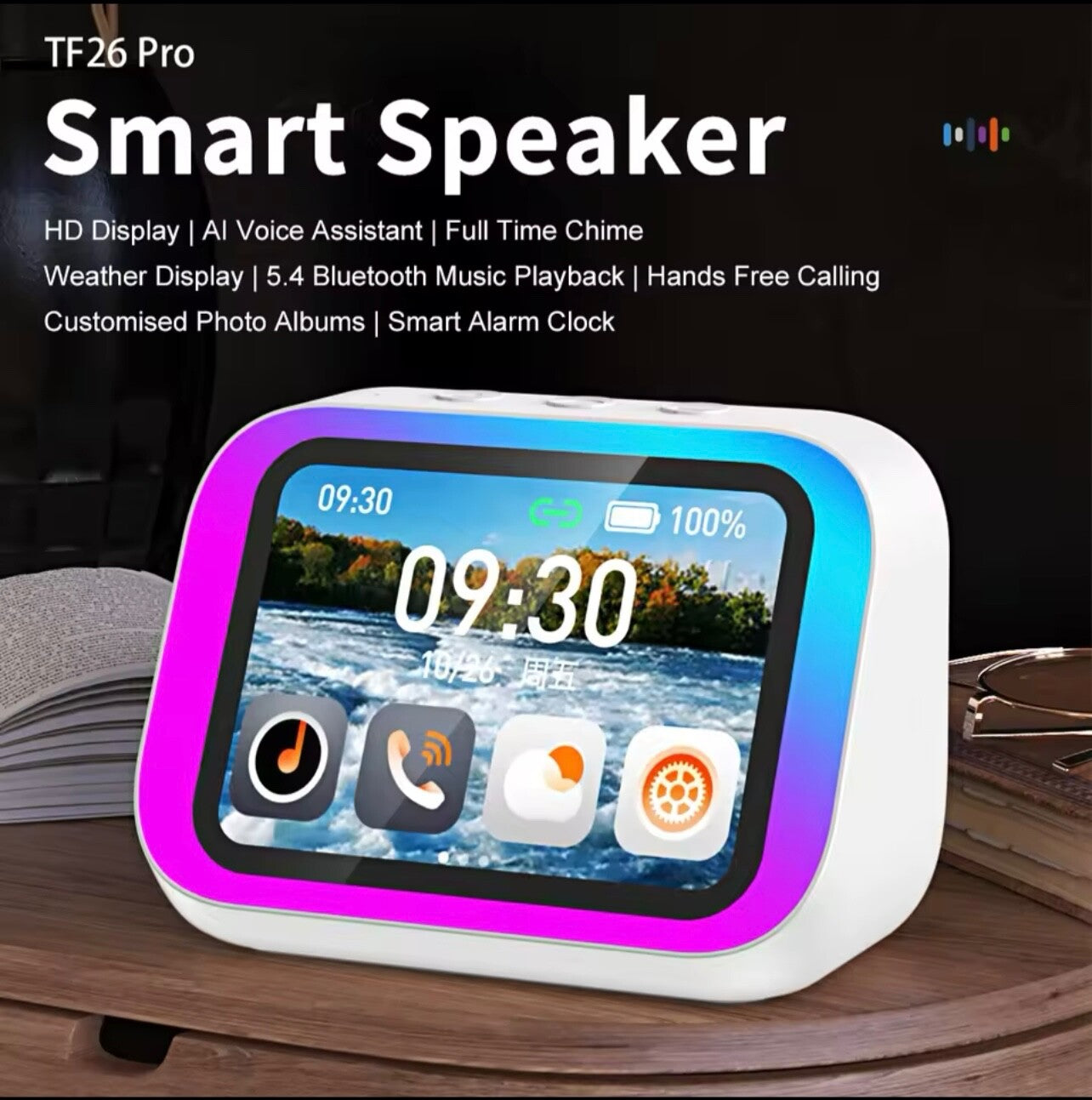 Smart Bluetooth Speaker Clock w/ Display, Weather, Temp, Voice Assistant