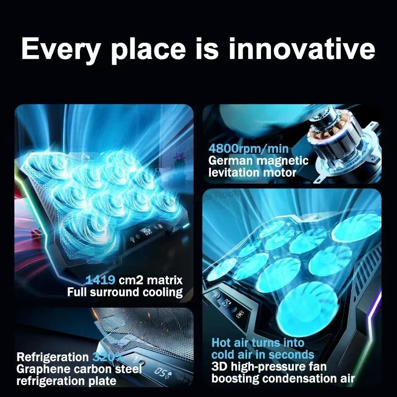 Laptop Cooling Pad 10 Quiet Fans RGB Stand w/ Digital Display for 12β18β Laptops