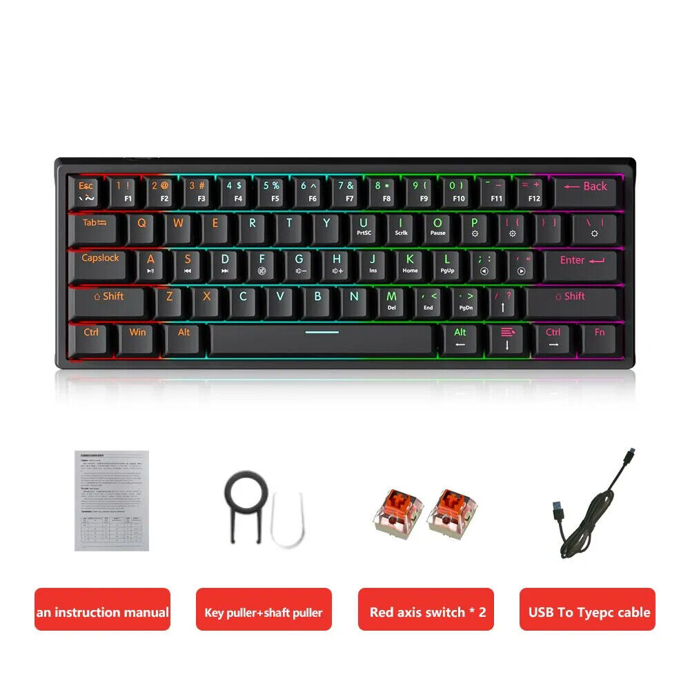 Wired Gaming Mechanical Keyboard 61 Keys Red Switch RGB Backlit Hot Swappable