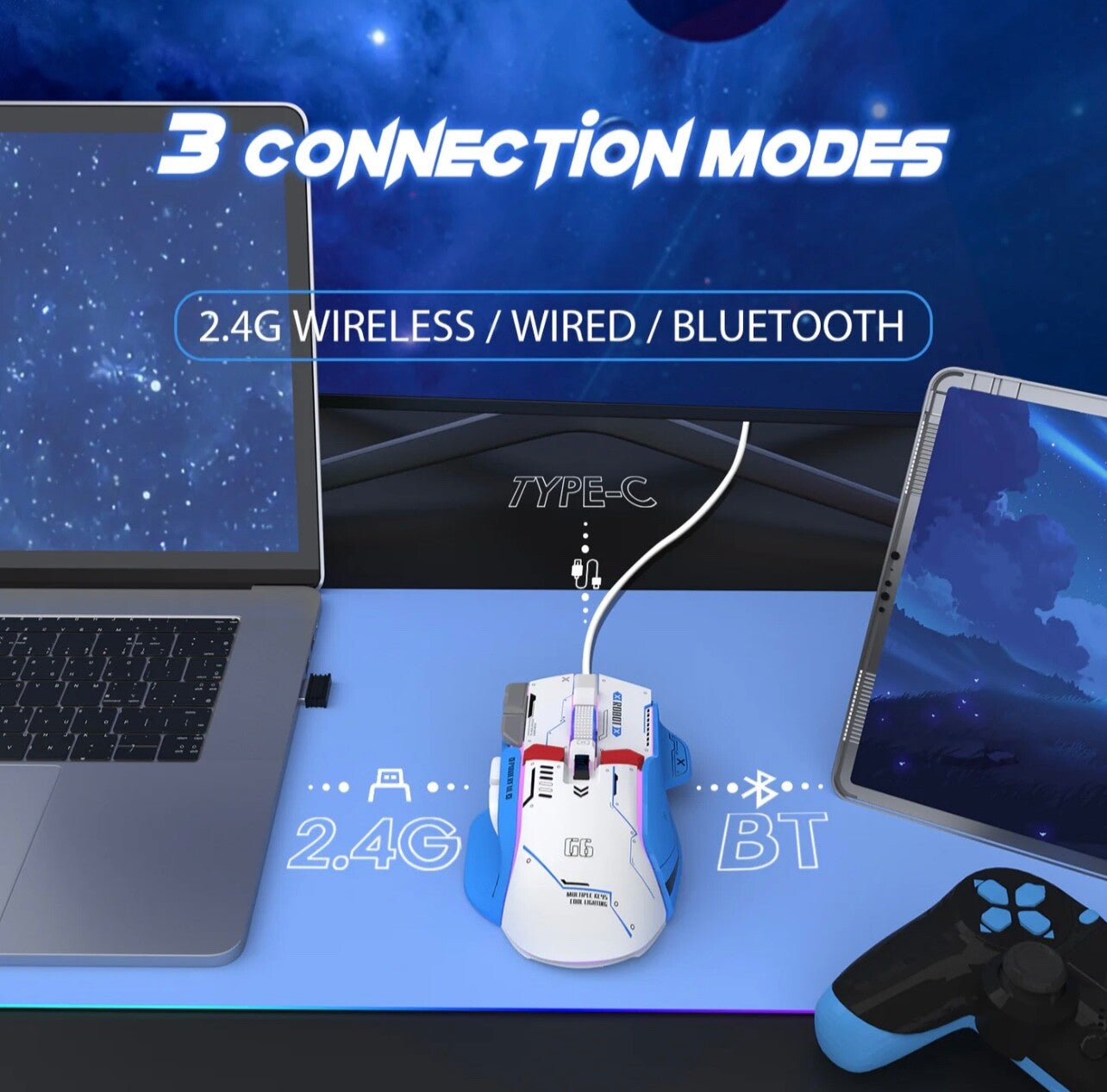 Attack Shark G6 Tri-Mode Wireless Wired Gaming Mouse RGB 4000DPI Silent for PC M