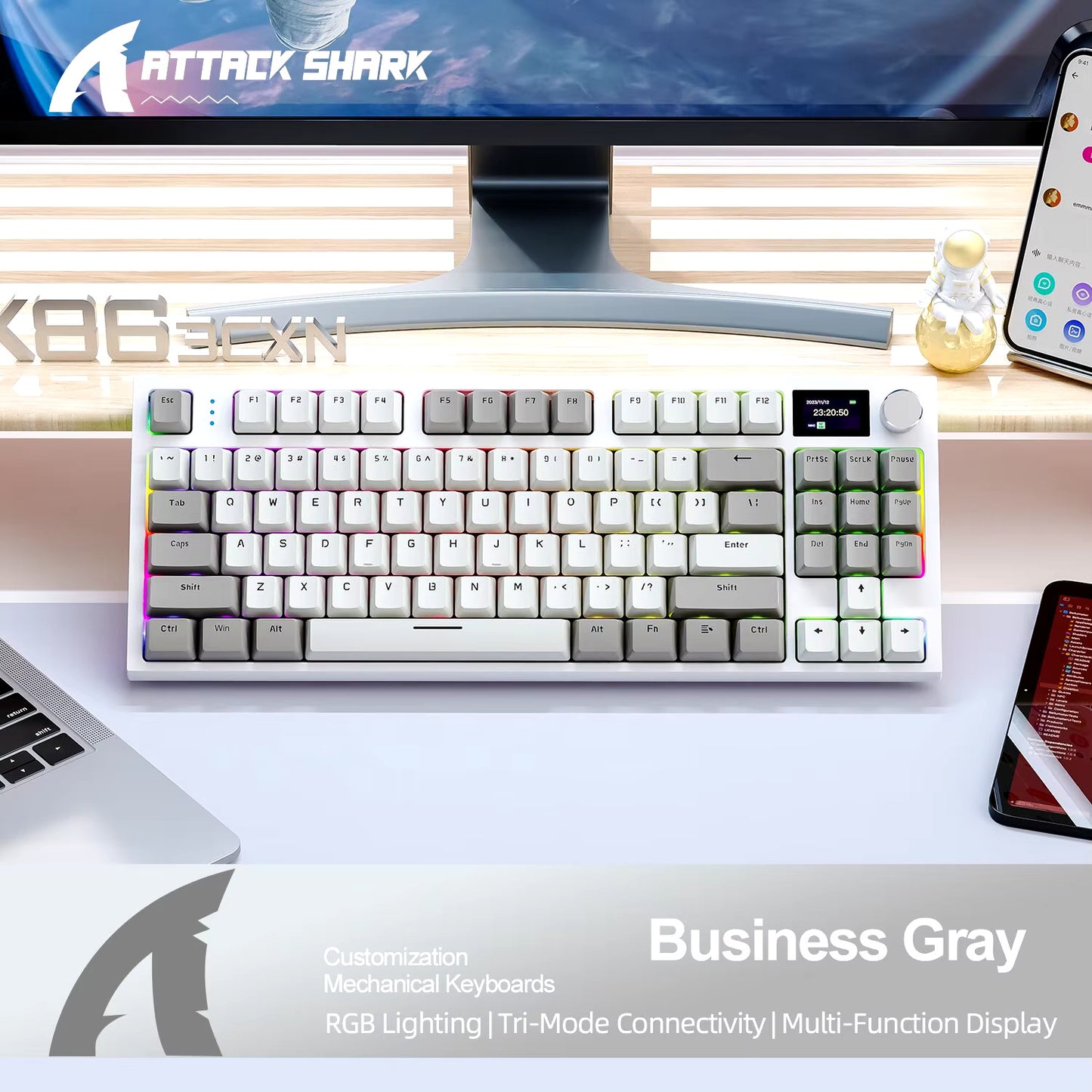 WIRED WIRELESS MECHANICAL KEYBOARD Attack Shark RGB SWAP PBT DISPLAY VOLUME