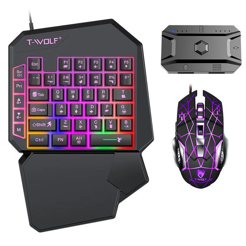 T-Wolf One Handed Gaming Keyboard Mouse Converter Mobile Game Backlight