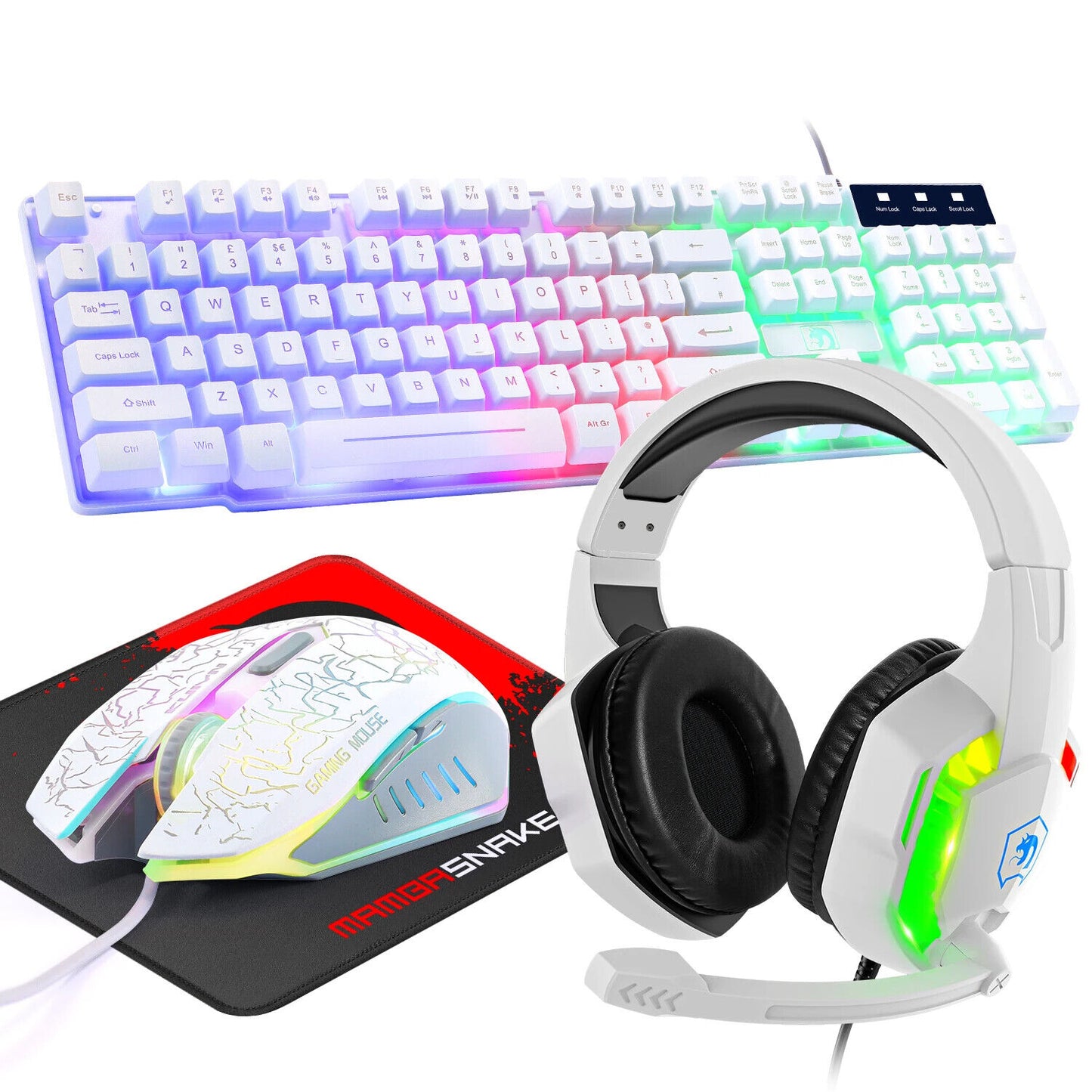 4-in-1 Gaming Combo Bundle Wired Keyboard, Mouse, Headset & Pad, RGB LED Backlit