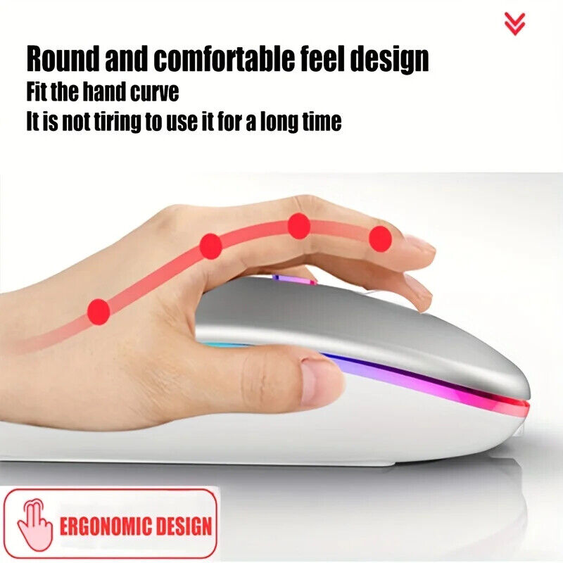 WIRELESS MOUSE RECHARGABLE LED LIGHTS Ergonomic SILENT Click 1600 DPI 4 Buttons