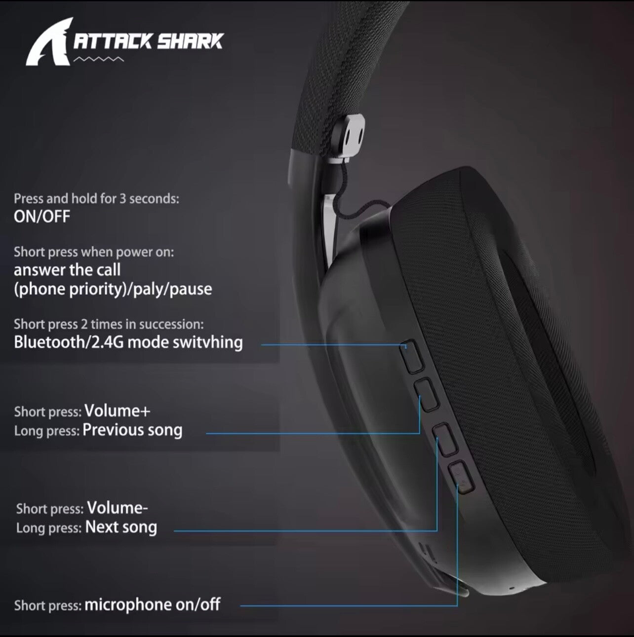 ATTACK SHARK L80 5.1 Gaming Headset 180g Light BT/Wireless/Wired w/Mic PC PS5