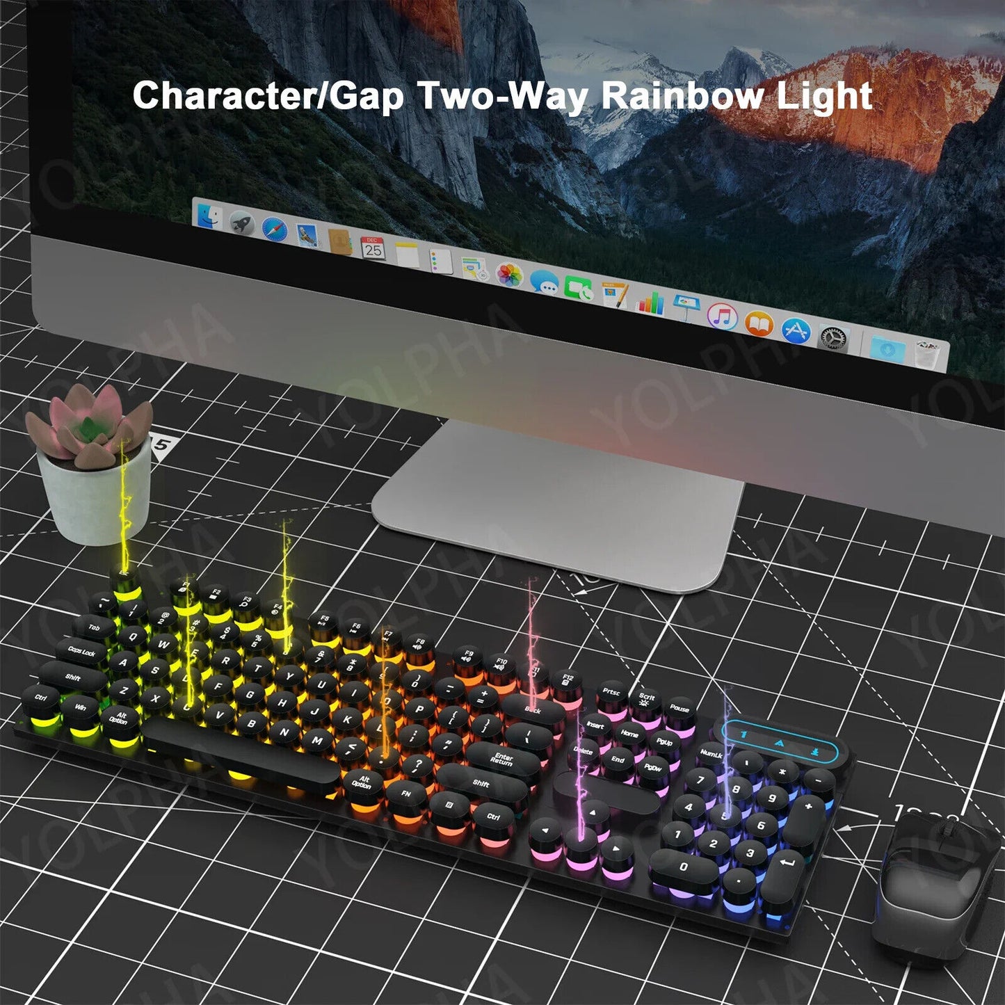 WIRED KEYBOARD 104 Keys RGB BACKLIT GAMING ERGONOMIC Colorful Magical Punk Cap