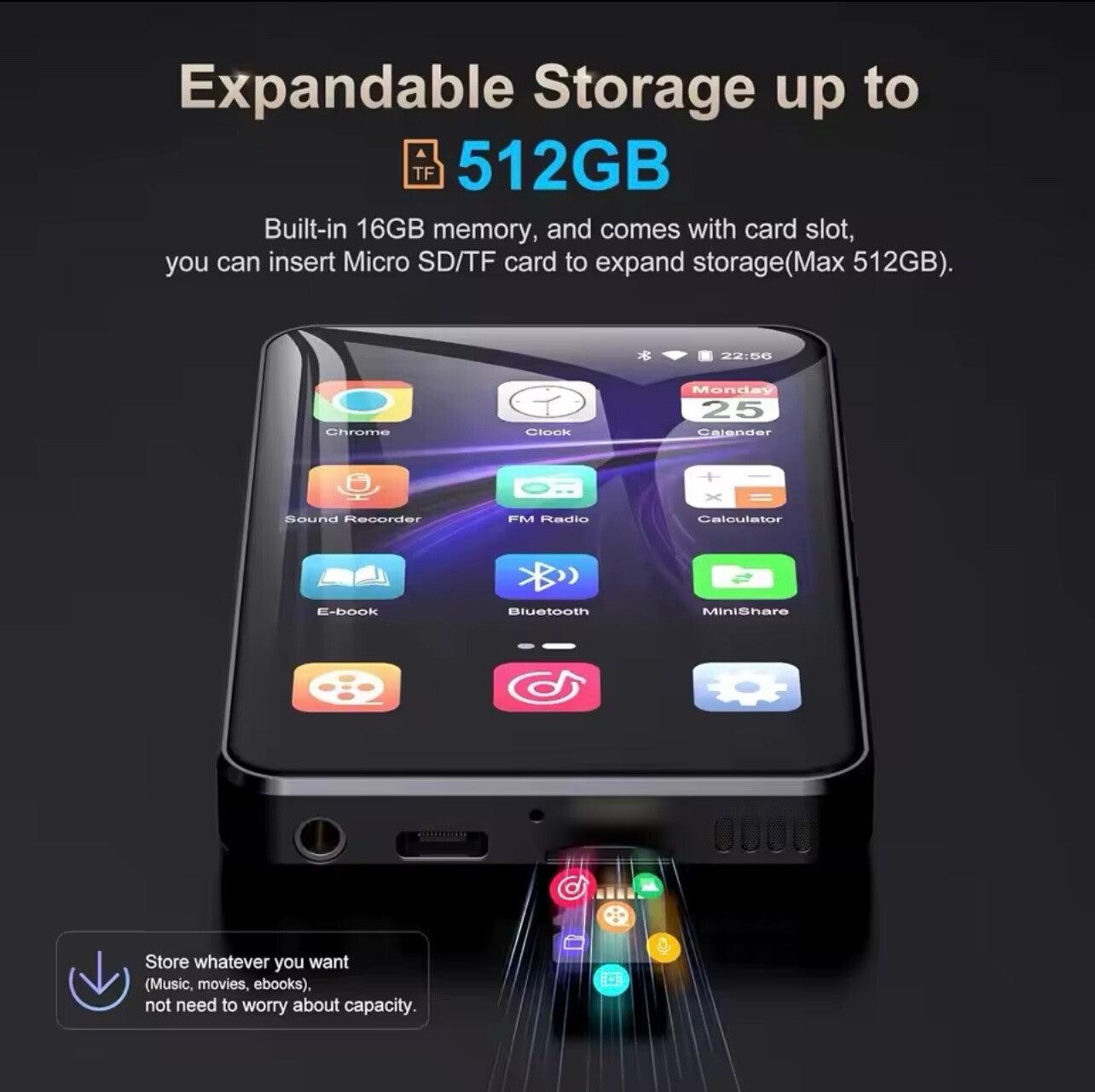 4β WiFi MP3 MP4 Player Bluetooth 5.0 HiFi Touch FM 1080P Speaker 16GB