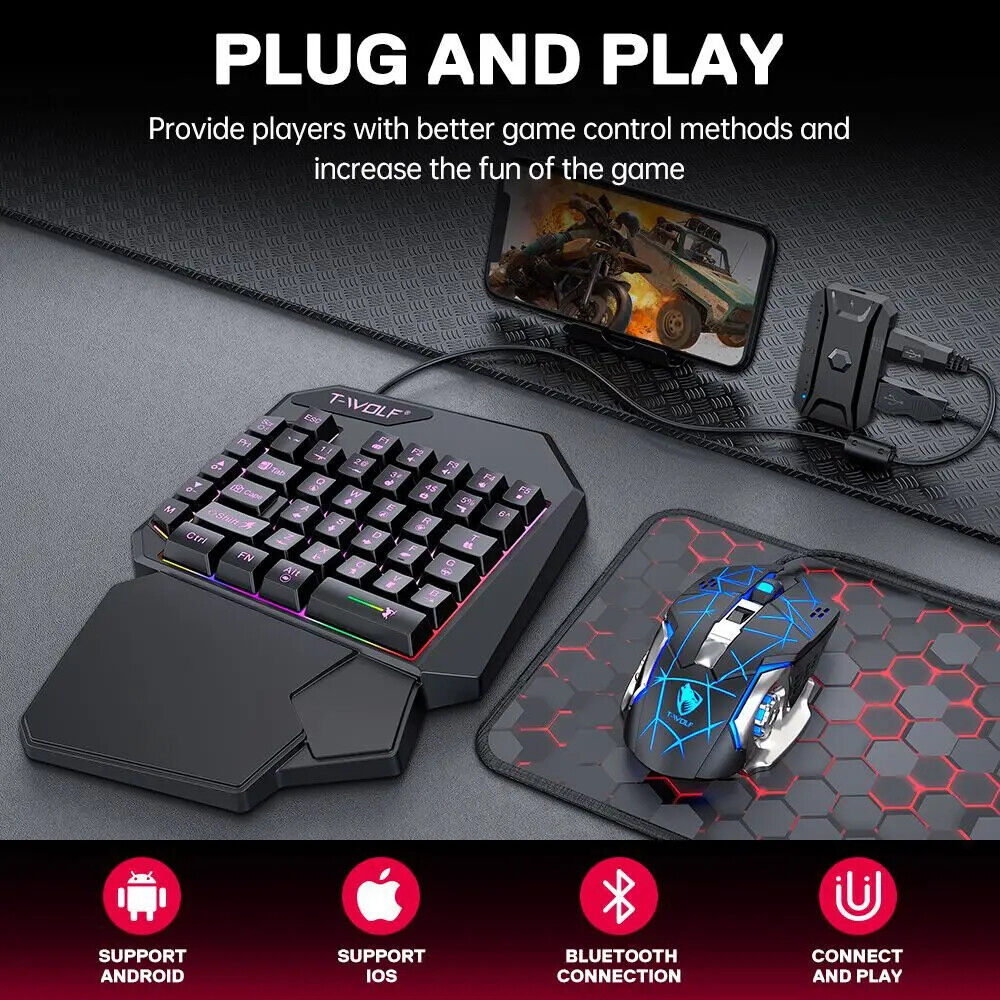 T-Wolf One Handed Gaming Keyboard Mouse Converter Mobile Game Backlight