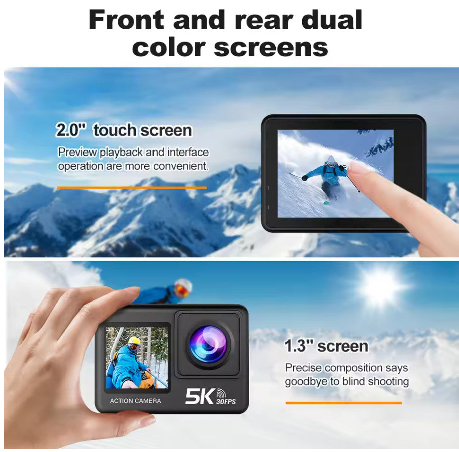 5K Action Camera Dual Display Screens WiFi Touch 170° Wide Sports Cam+Remote