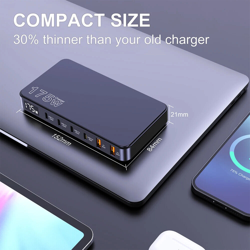 6 USB TYPE C PORT CHARGER 175W LED DISPLAY FAST CHARGING for LAPTOP MOBILE PHONE