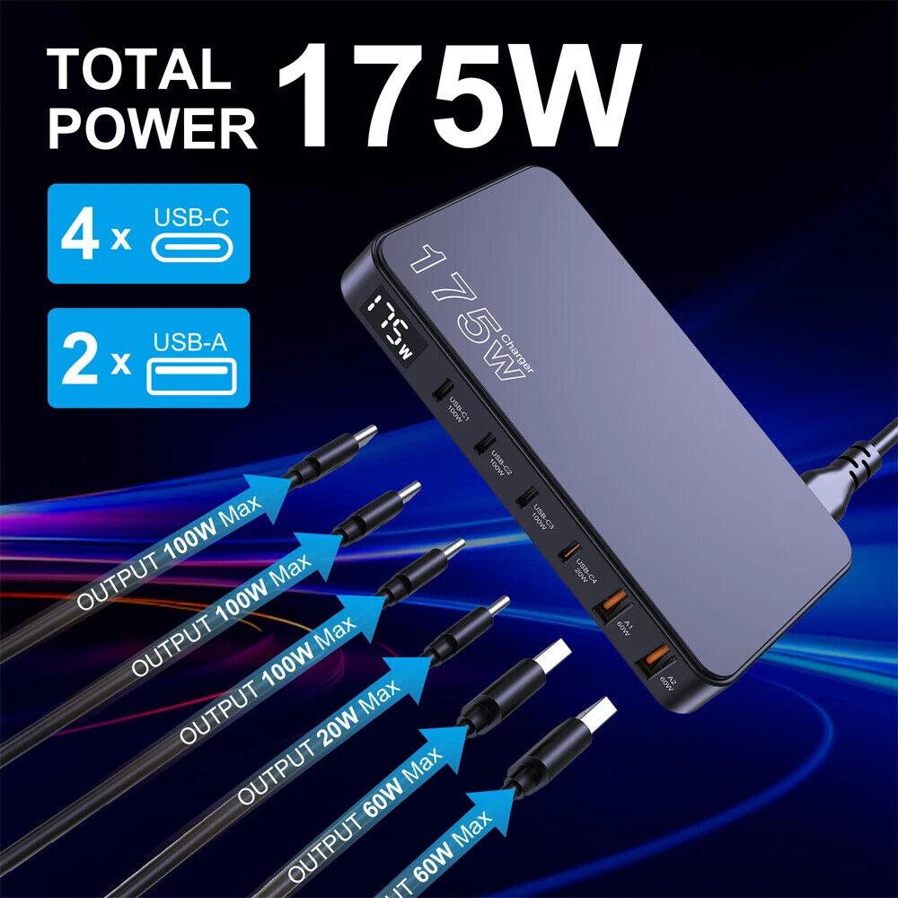 6 USB TYPE C PORT CHARGER 175W LED DISPLAY FAST CHARGING for LAPTOP MOBILE PHONE