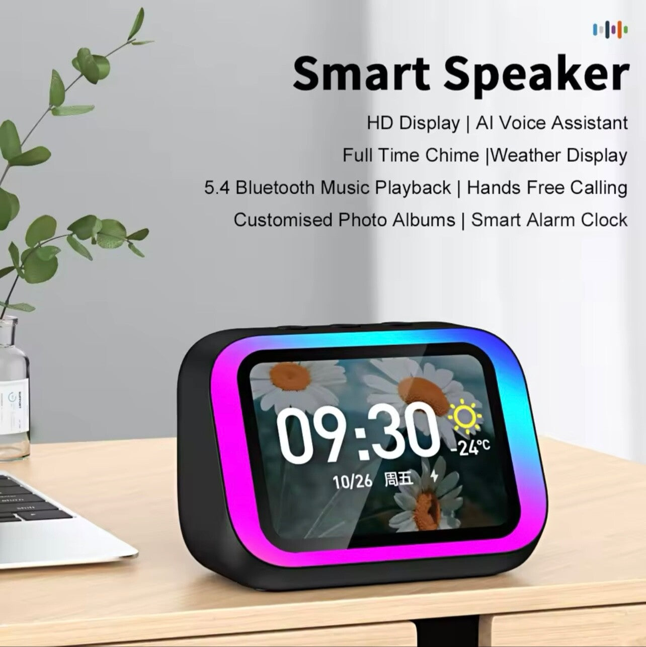 Smart Bluetooth Speaker Clock w/ Display, Weather, Temp, Voice Assistant