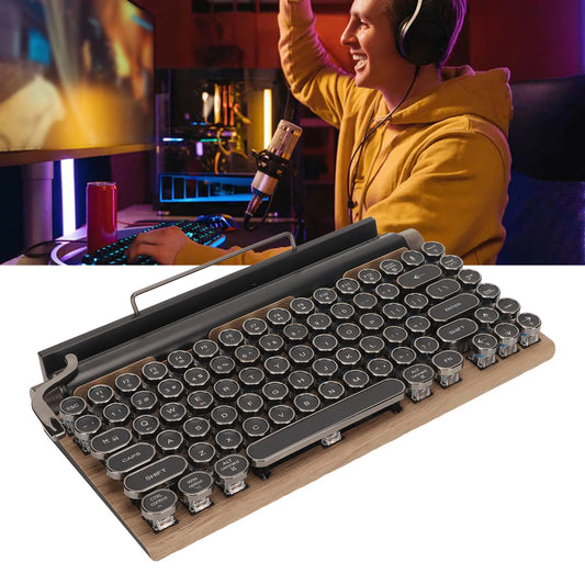 WIRELESS MECHANICAL KEYBOARD VINTAGE, 83-Key Vintage Wireless Mechanical Keyboard, Quad Axes Round Keycaps, Seven-Color RGB Lighting, Mechanical Blue Switch, Thick Leather Decoration, 2000mAh Lithium Battery, Universal Compatibility