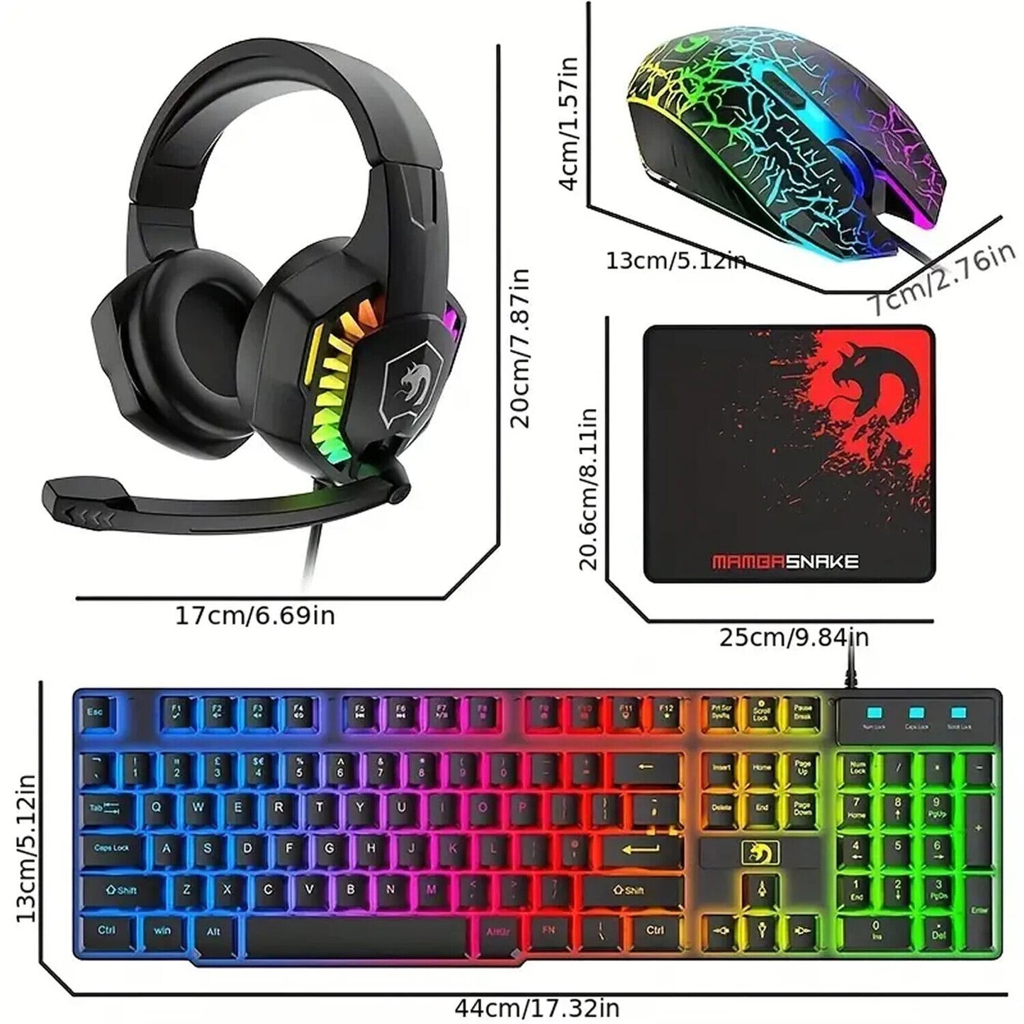 4-in-1 Gaming Combo Bundle Wired Keyboard, Mouse, Headset & Pad, RGB LED Backlit
