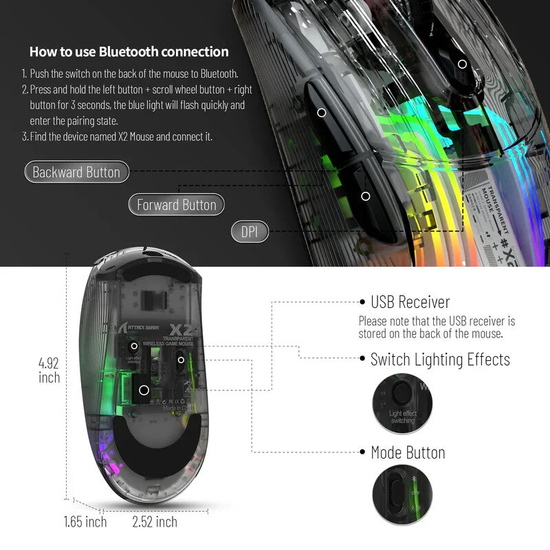 Attack Shark X2 Transparent Wireless Mouse | Silent Click, RGB, Ergonomic Design