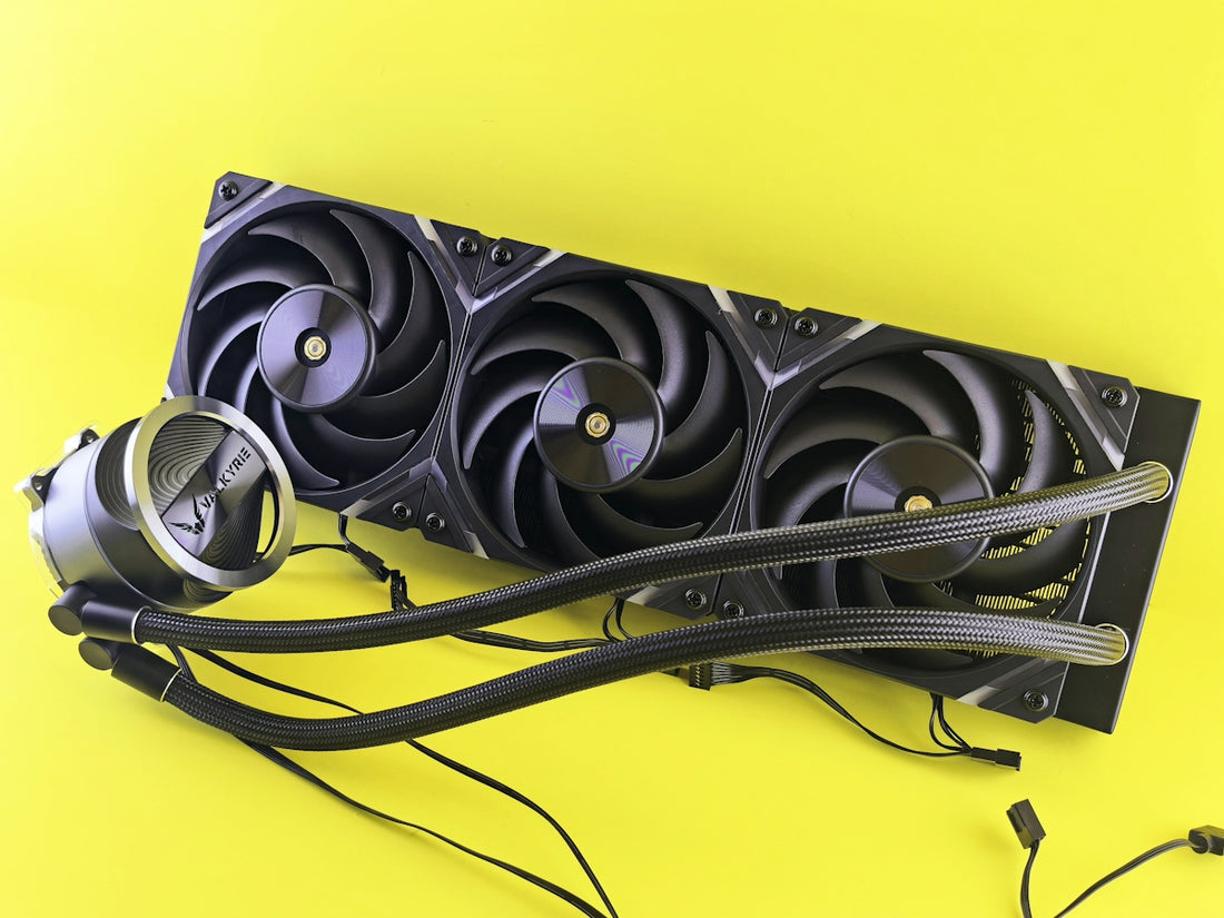 Computer liquid cooling system on yellow background