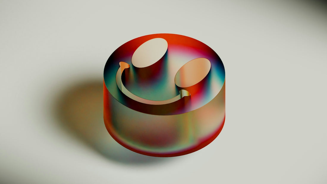 A 3D render of a smiley face with headphones