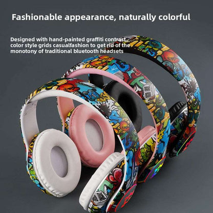 Bluetooth Glowing graffiti headphones, Luminous Design, Card Insertable- Supports memory card insertion, Multi-Compatibility, Long Battery Life 200mAh battery capacity, Lightweight 200g