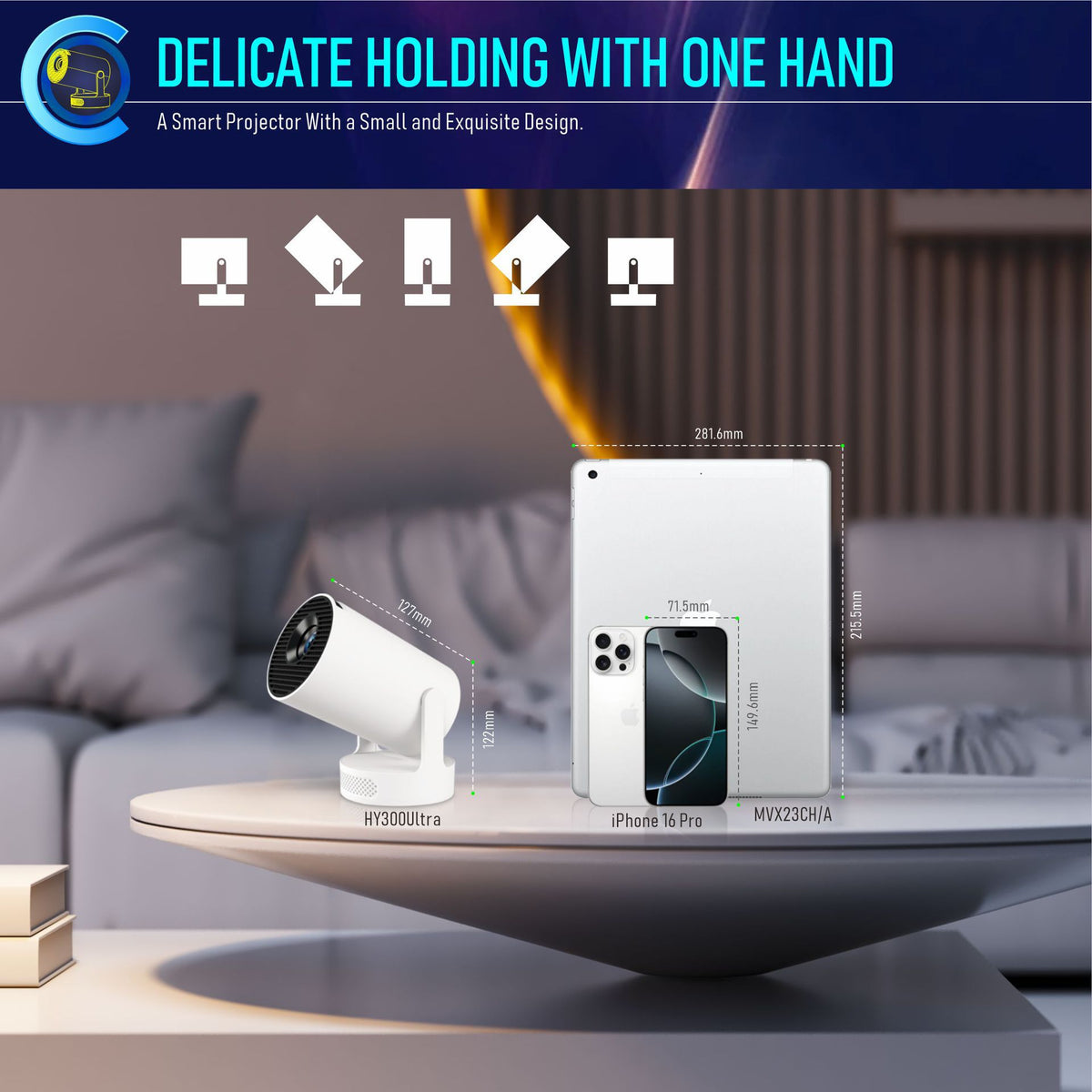 HY300 Ultra Portable 4K Home Projector with Built-in Speakers and HDMI Support. Compact and lightweight, easy to carry for home or outdoor entertainment