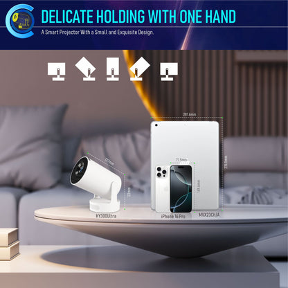HY300 Ultra Portable 4K Home Projector with Built-in Speakers and HDMI Support. Compact and lightweight, easy to carry for home or outdoor entertainment
