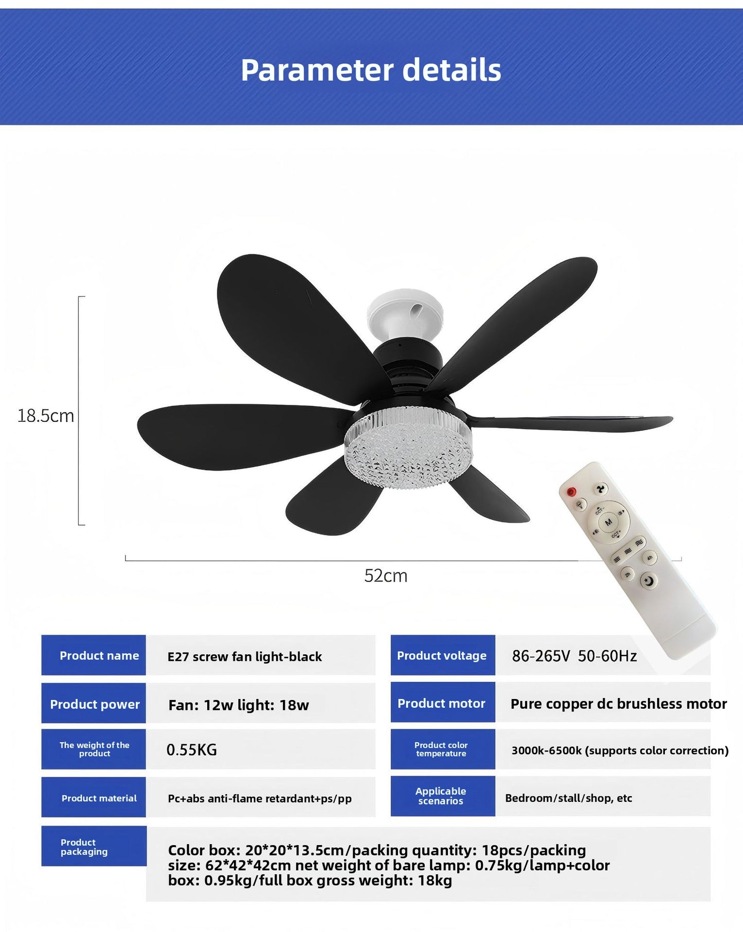 E27 Screw Silent Smart Ceiling Fan Light with Remote Control