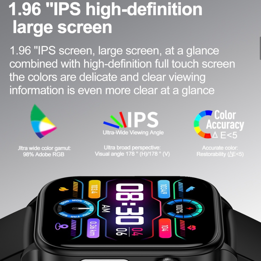 Advanced Smart Watch,1.96" IPS HD touch,Bluetooth call|Smart apps,Advanced Health monitor: ECG|Blood lipids|Uric acid|Body fat|Micro physical examination|Emotional stress detection|Non invasive blood glucose measure|Battery up to 7 days