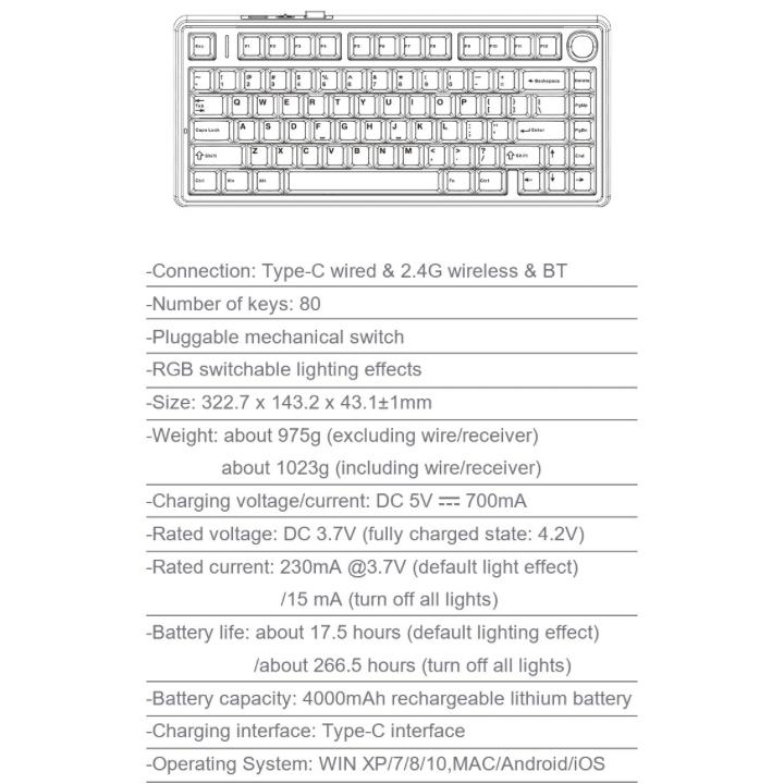 Aula F75 Keyboard, 80-Key Mechanical Gaming Keyboard, RGB Backlit, Triple Mode Connection (Type-C/2.4G/BT), 4000mAh Battery, Hot-Swappable Switches, Reaper Switch