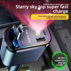 Retractable Car Charger with Fast Charging and LED starry sky light for car ceiling