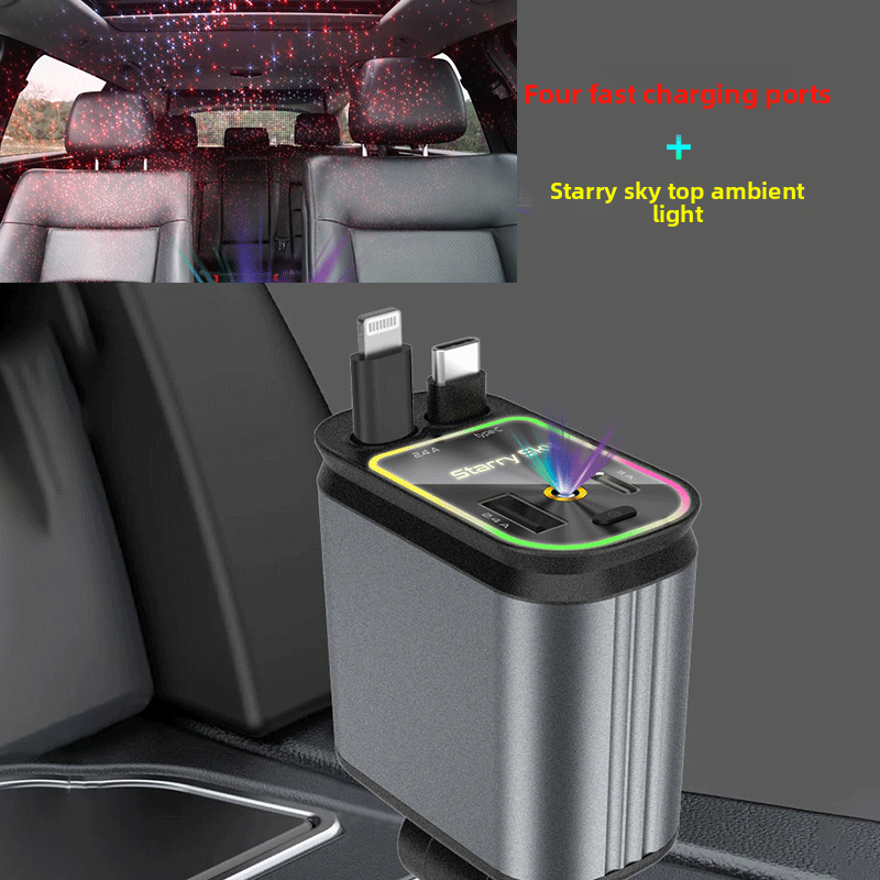 Retractable Car Charger with Fast Charging and LED starry sky light for car ceiling